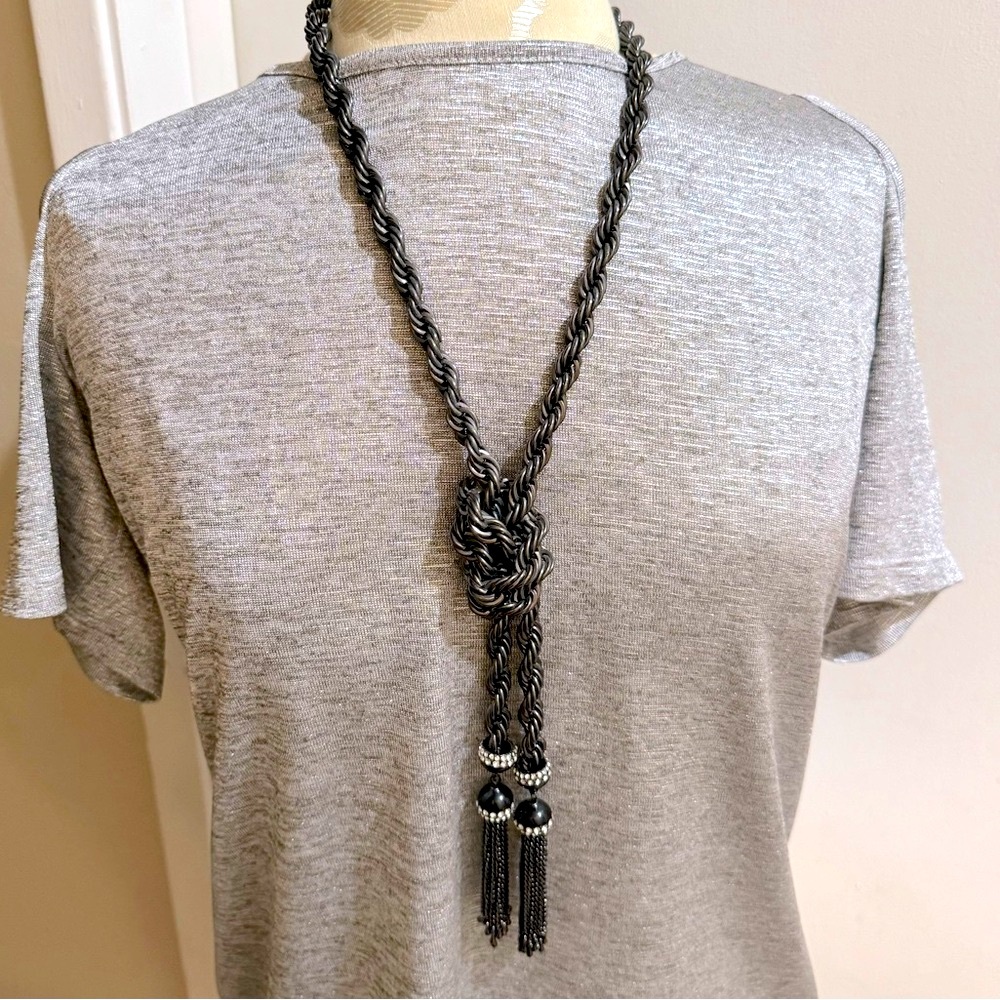 Lariat Heavy Knotted Silvertone Tassels Rhinestones Gunmetal Color Bold Necklace